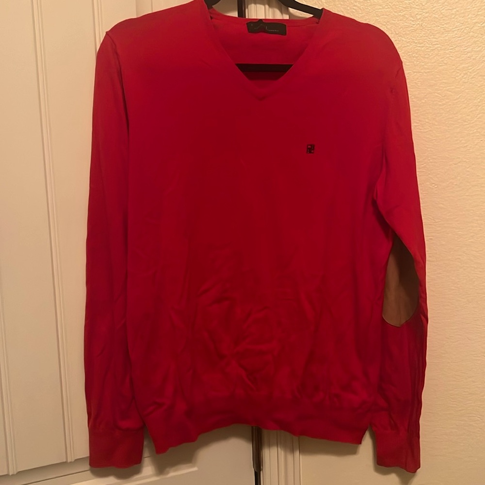 Carolina Herrera Red Cotton V Neck Cardigan with Goat Suede Elbow Accents, M